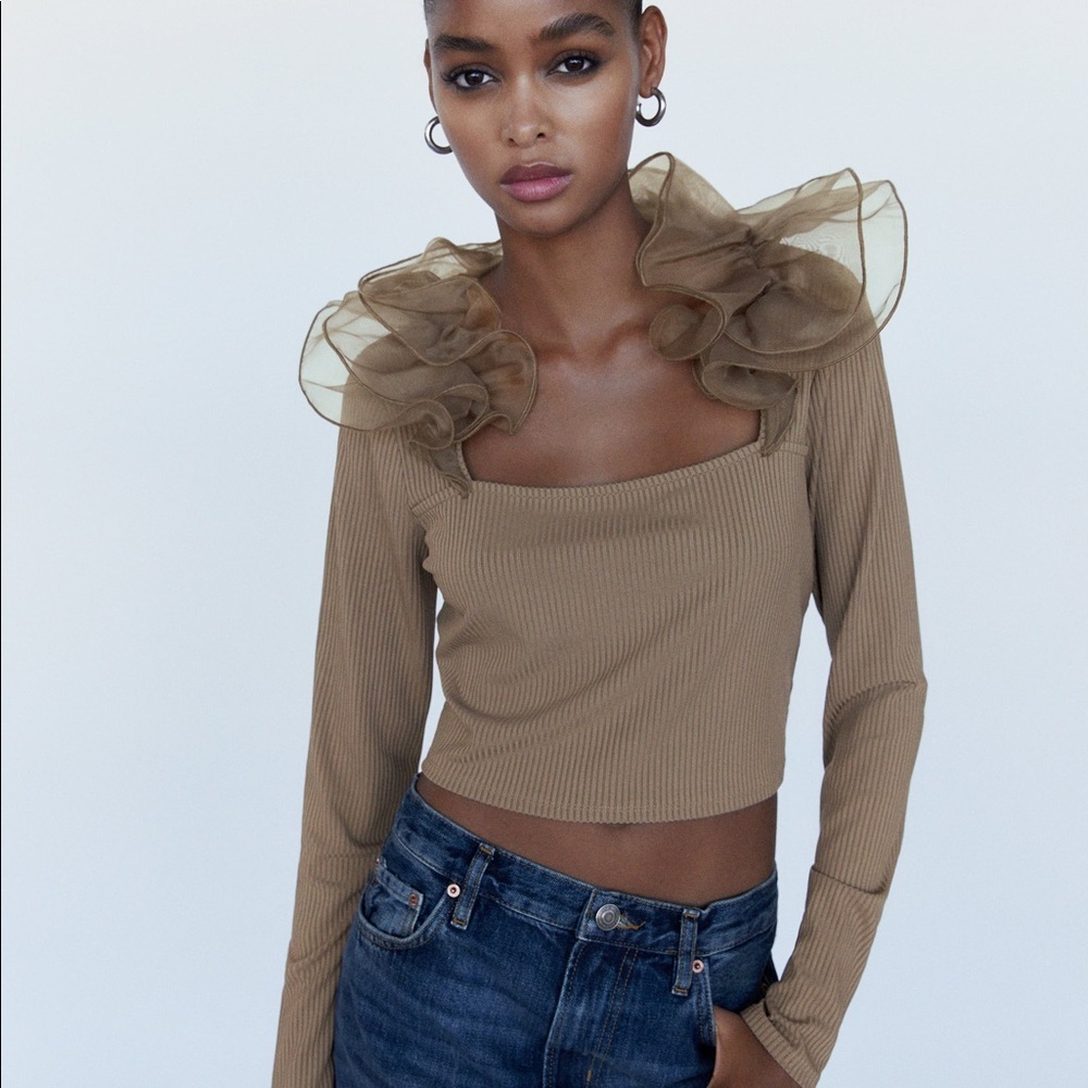 Zara Beige Ruffle-Trim Long Sleeve Crop Top - Picture 6 of 7